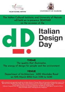 locandina per Italian Design day all'università di Nairobi - IIC Nairobi